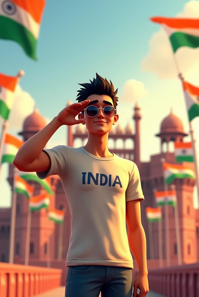 Make a 19 year's handsome  stylish  animated 
Men  character who's name is Amit" and he celebrate independence day in red fort and  he salute to indian flag  write  the name Amit,, on his t shirt and he wear a a sun glass and salute to indian flag and many  indian flag fly around back