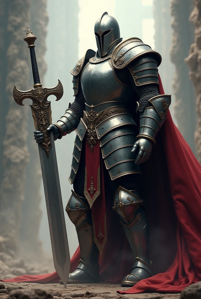 create images Show a sword Massive greatsword, with more than 1,5 meters long. The sword is in the hands of a knight in full armor, with both hands holding the handle. The scene illustrates the knight preparing for battle, highlighting the weight and size of the sword.