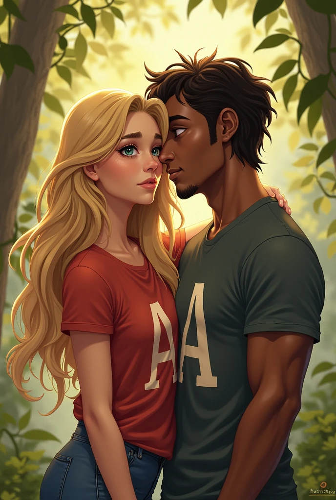 A couple wearing shirts with an A, The woman is blonde with dark eyes, thin and short and the man is dark, fat and tall 