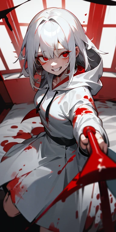 1girl, medium white hair, red eyes, heart eyes, wearing white hoodie, wearing gray skirt, bedroom, absurdres, high res, ultrasharp, 8K, masterpiece, looking at viewer, bloody knife, crazy in love, crazy smile, blood on face, laughing hysterically, blood on dress, yandere, psycho