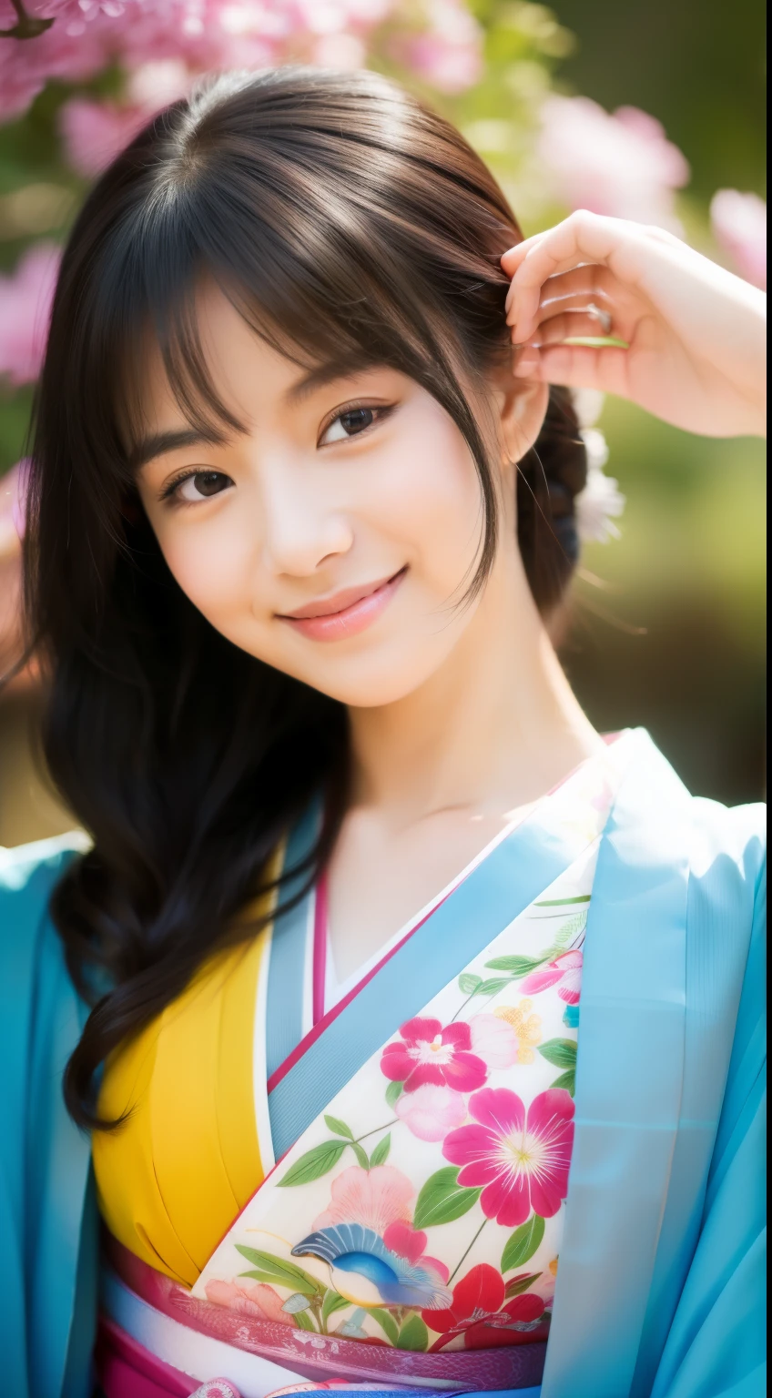 smile, Close your eyes, please, prayer, Put your hands together, front, 最high quality、high quality、Best image quality、8k、最High resolution、High resolution、Realistic photos, Healthy body, Beautiful Eyes, Flowing black hair, Colorful kimono, Calm expression, Soft lighting, Traditional Japanese art style, Vibrant colors, Peaceful atmosphere, Delicate features, Graceful posture, Beautiful Landscape