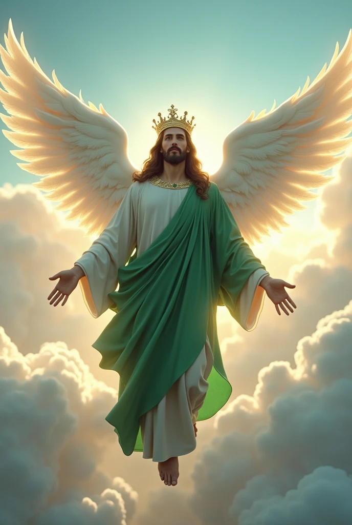 (photorealism:1.2), handsome Jesus Christ, floating in the sky with bigger white wing behind, the light of his head and heart spread all over, wearing the king green clothes and crown in the clouds of heaven, elegant king clothes, nice hair, outdoors, soft lighting, clouds and blue sky in a background, five fingers, two hands, brighter sunlight, perfect face, relaxed pose, realistic, intricate details, warm colors,