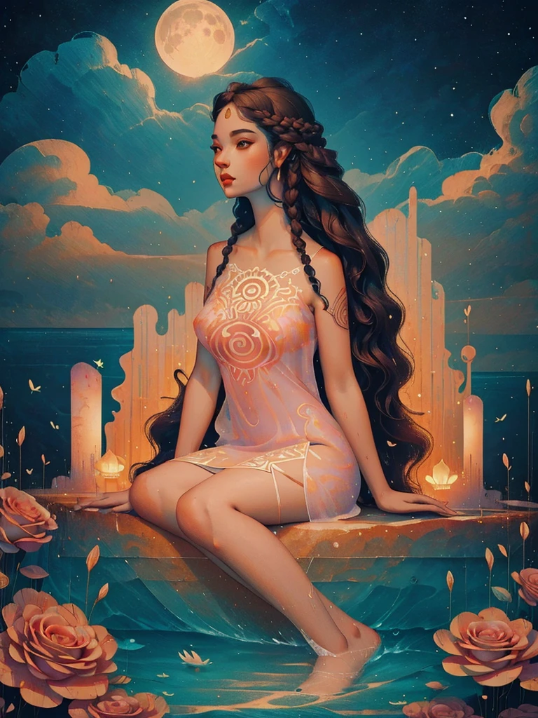 a painting of a woman with long wavy hair, t-shirt with plumeria design, digital art inspired by Cyril Rolando, trends in cg society, digital art fantasy, colorful digital fantasy art, wonderful digital art, beautiful art uhd 4 k, exquisite digital illustration, MASTERPIECE, full body photo, black and brown hair, long afro-style hair, real water, bathing in a river pond, extremely detailed art, blushing, water running down the body, small breasts, legs open, sexual arousal, sexual expression, glowing skin, intricate, elegant and highly detailed digital photography, majestic and surreal painting, golden butterfly filigree, beautiful finely detailed eyes: 1.2), hdr, (masterpiece), best quality, expressive eyes looking out of the corner of the eye, perfect face, portrait of a beautiful goddess with afro hair, long hair in braids and afro, latin brown skin, intricate digital photography, elegant, highly detailed,(detailed background window to a new dimension, plants and flowers: 0.7) night sky with full moon, highly detailed face and body, cinematic lighting, photorealistic, 1 girl, 18 years old, dark brown eyes, big eyes, pink lips, bald pussy, well lit, beautiful and aesthetic: 1.2), (fractal art: 1.3), colorful, beautiful goddess emerging from the ocean, full female body, wild waves, big waves, oriental mandala tattoos, transparent dresses merged into the sea, stormy sky, sunset sky, storm clouds red, ancient temple floating in the sea, old floating clock, lamp, lantern, beautiful girl with a slight smile, forest, flowers and roses, visible vagina, no panties, ((sitting on a marble pedestal)), front view, magic, Lord of the Rings world, waterfall, mandala and flower tattoos on naked body, toes submerged in water, mostly cloudy sky (highly detailed CG unity 8K wallpaper), exposed breasts, nudes,, naked body,Chel, a painting of a woman with long wavy hair