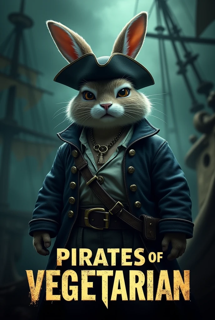 Create a cinematic poster featuring photorealistic portrait of Dressed animals - a ((fat)) rabbit pirate, , wearing pirate costume and pirate hat , with a serious, intense expression, He should be slightly off-center in the composition, The background should be dark and gritty, pirate's ship with smoky or grunge textures, Use a color scheme of black, deep blues, and dark greens, with subtle silver or gold accents to capture the show's mood, At the bottom of the poster, place the text "PIRATES OF VEGETARIAN" in large, bold, distressed letters, in a sans-serif font. The text should have a cinematic style, with slight shadow or glow effects to make it stand out against the background.