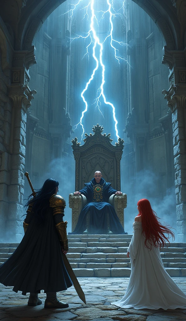 In the grand, storm-battered throne room of the Storm Kingdom, the malevolent King Xander sits upon his imposing throne. His eyes gleam with a cruel light, and a sinister smile stretches across his face as lightning flashes outside, casting eerie shadows on the dark stone walls. Xander is a feared and despised ruler, his presence radiating with dark power.

Before him stand two figures, ready for the final confrontation. Voltex, known as the "Black Knight," has long, flowing black hair that whips around in the gusts of wind that rush through the broken windows. His intense gaze is fixed on Xander, and he grips his massive sword with unwavering confidence. Voltex wears a long black coat over a noble white shirt, his dark and powerful appearance contrasting sharply with the stormy atmosphere around him.

Beside him stands Seraphina, the graceful and determined summoner. She has long red hair that cascades down her back, and her piercing green eyes are filled with calm resolve. Dressed in a flowing robe adorned with mystical symbols, she exudes an aura of both elegance and power. Her hand is raised, already calling upon the spirits to aid them in the impending battle.

The air is thick with tension as the storm rages outside, mirroring the intensity of the clash that is about to unfold. The throne room, vast and imposing, becomes the stage for this final confrontation, where Voltex and Seraphina prepare to bring an end to King Xander's tyranny.

