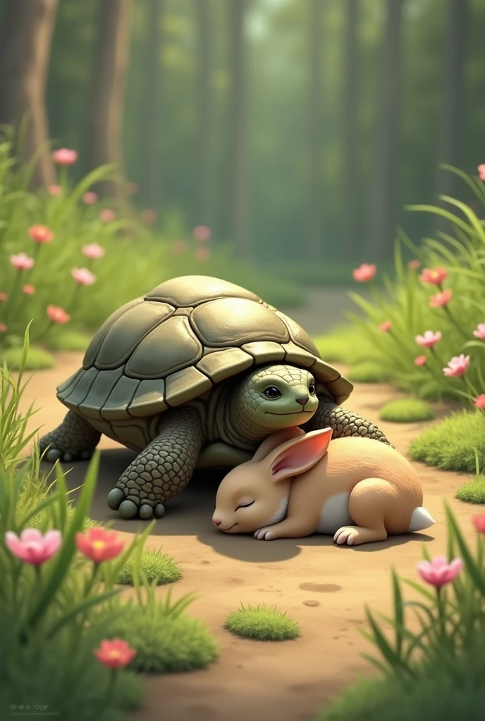 The turtle continues moving at a slow but steady pace, passing the sleeping rabbit without a second glance.