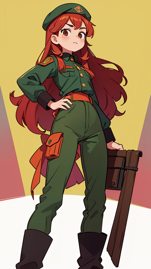 A Soviet military girl, tall, sexy, big chest, good, friendly, happy, long red hair, smooth, her brown eye, pink lip, she dresses in a green metallic top, a black patch, her chest, her waist, a yellow ribbon, and her pants, metallic green, big, thigh, sensual, big yellow boot, wearing a black Soviet winter cap.