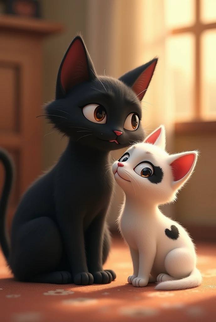 Create two cats together, one all black and one small white Mos with a black spot on its ears and forehead and a heart-shaped spot on its side.