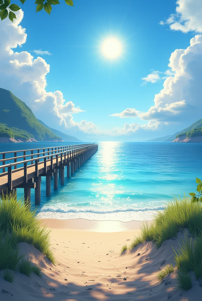 a landscape where you can see the sea, the sand, the pier, sky, with clouds sun focused on the game metin2