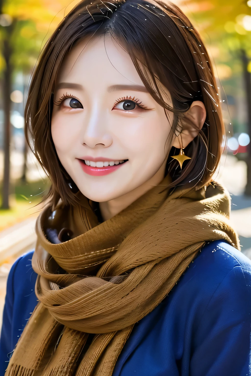 ((Highest quality)), ((masterpiece)), (detailed), ((Highest quality))、RAW、8k、High resolution、Perfect Face, Japanese、28 years old、female、smile、short hair、light light brown hair、Earrings、necklace、Large Breasts、Perfect Anatomy、Anatomically correct body、The season is autumn、A scarf is wrapped around the neck、In the background, you can see red maple leaves.、Wearing a warm outer layer、Hair swaying in the wind