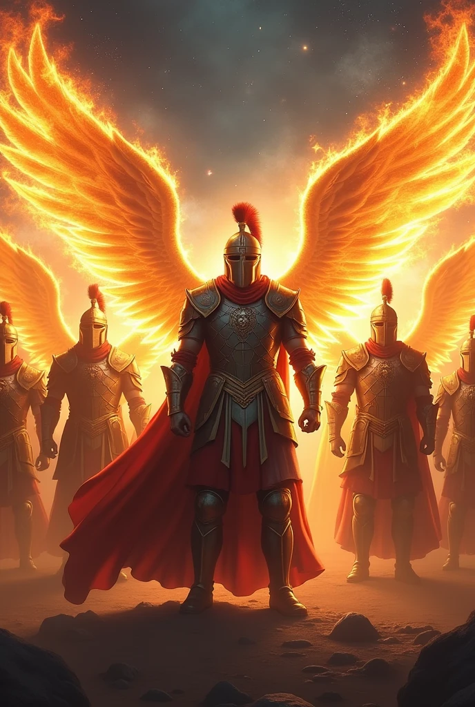(12 angelic warriors) (with wings of fire) and ( Knight's armor) ( and uno de ellos con casco Espartano)