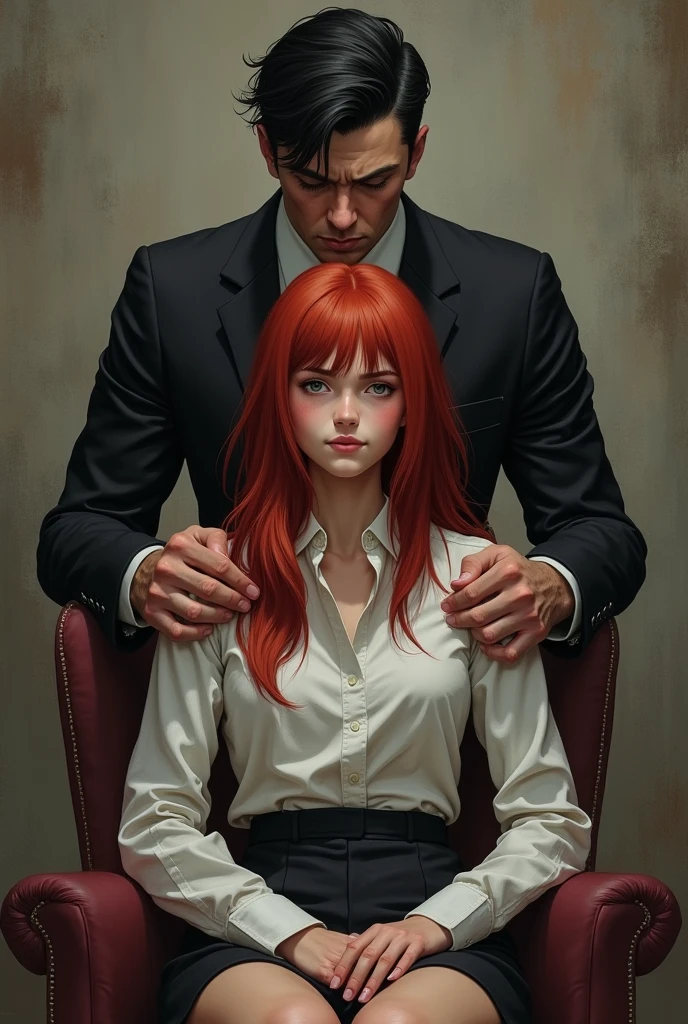 Not very strong red haired girl sitting on an armchair, He has a slight smile and his eyes are filled with resentment., She has a man behind her who grabs her by the shoulders, He is black-haired, He has a cold and serious look, has a suit 