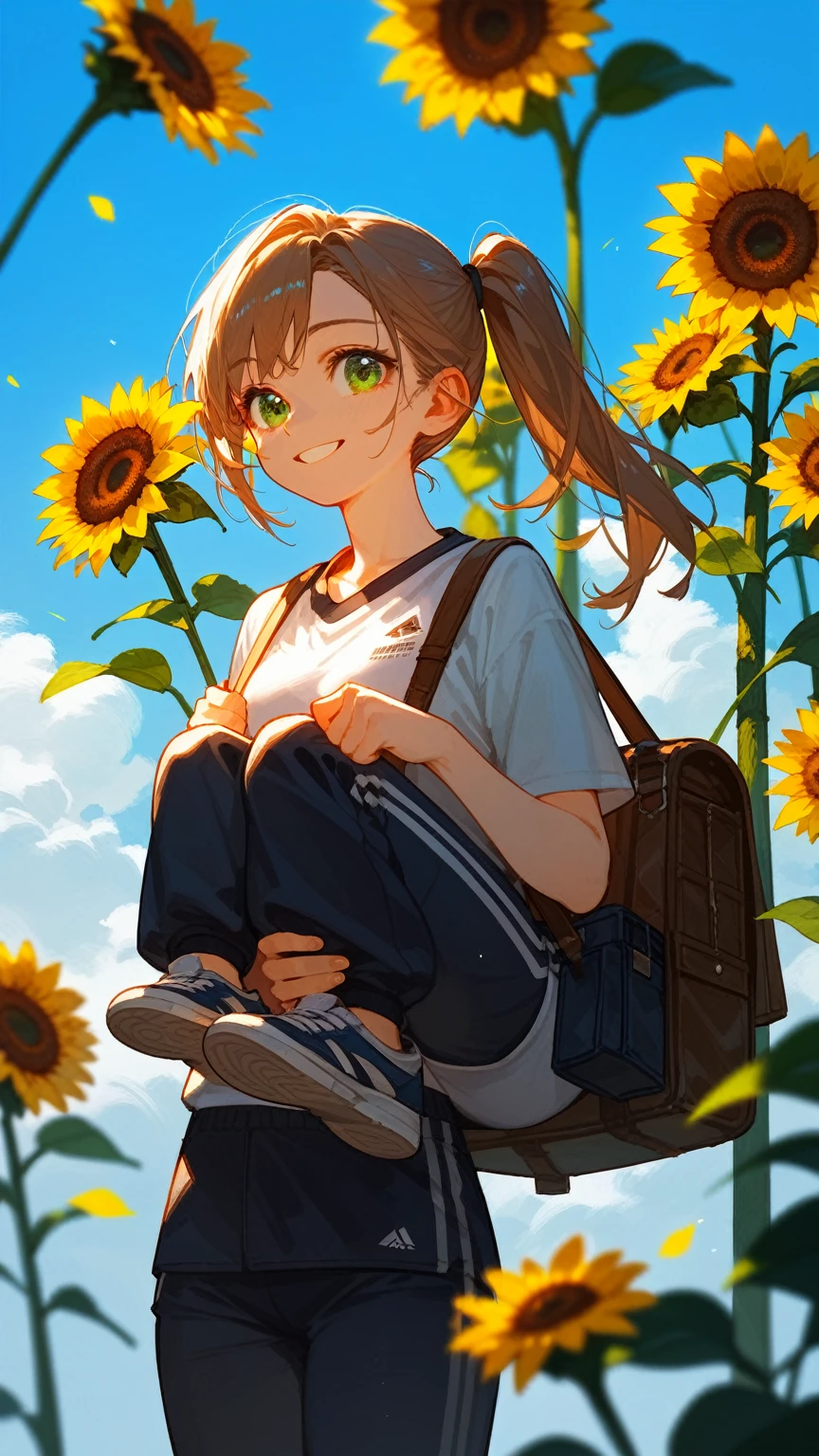 1 Girl，Brown side ponytail，Green eyes，Sports short sleeves，trousers，carrying a bag，Holding sunflower in hand，Movie lighting，Blue sky，White Cloud，Highest quality，Hands up to God，Smile，Half squint