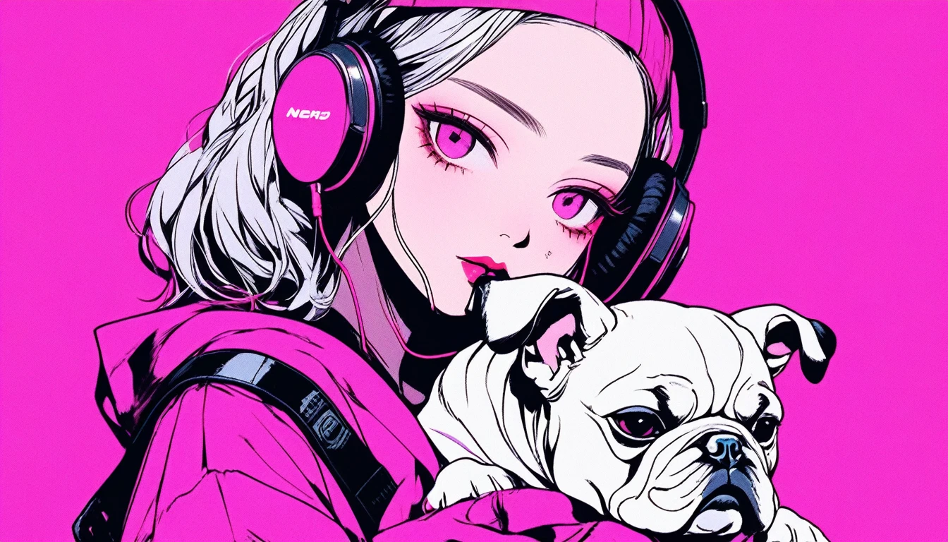 Illustrator, anime , Realistic ,sketch , An adult woman holding a cute bulldog puppy wearing headphones, lip, nail、T-shirt,order,Textured Trim, (masterpiece,Highest quality) , neonヘア,Textured Trim, Canadian, (masterpiece,Highest quality) Cancer,night、neon、intersection、Vision、Dark Eyes、