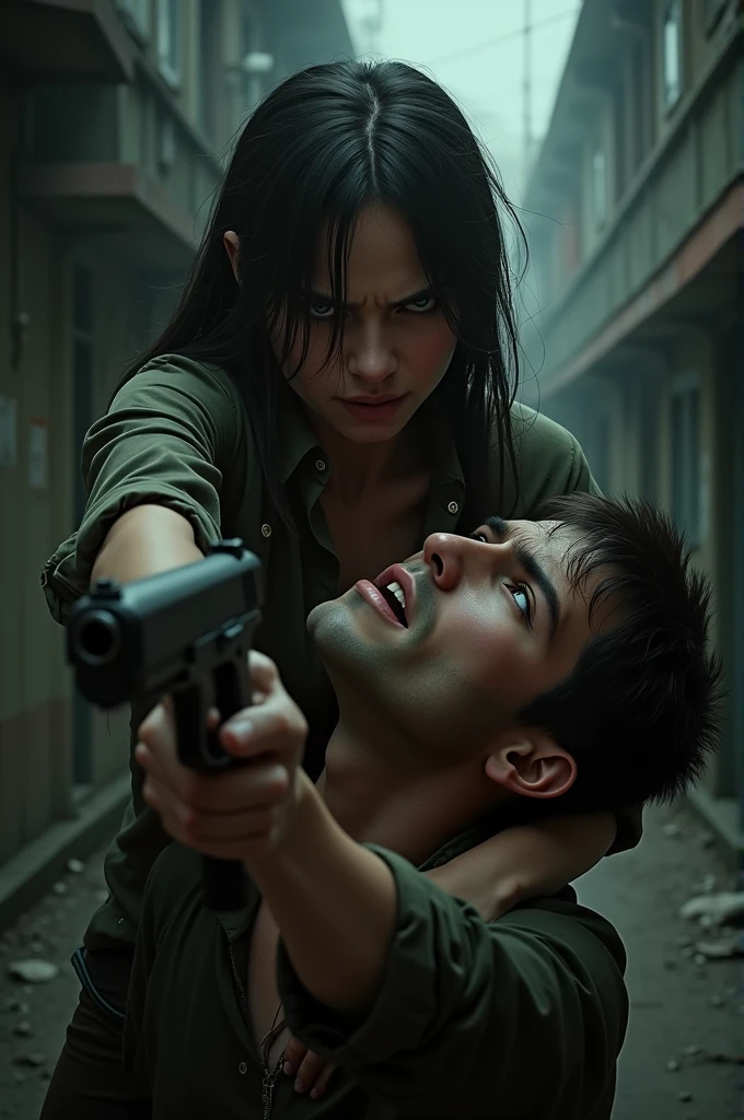 An angry girl with a gun pointed to a guy's head