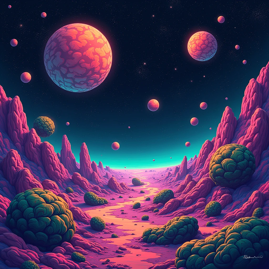 Outer space with neon green, violet and orange tones ,some asteroids shaped like weed buds