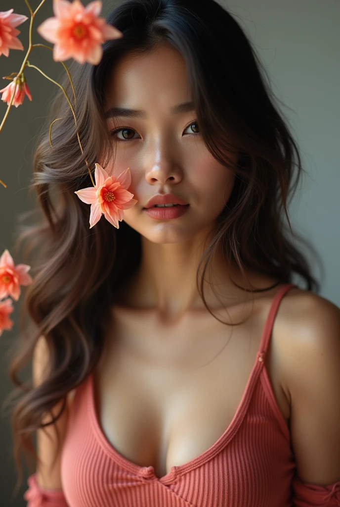 nsfw, (16K、RAW photo, highest quality, masterpiece)、(real photo)、score_9,score_8_up,score_7_up,8k, breasts, in more detail, beautiful eyes, A beautiful Japanese woman, very detailed and beautiful, very detailed, amazing details、cute beautiful woman with perfect body、real face, Beautiful woman at 30 years old、Shiny skin、A beautiful indonesian woman, (Big Tits:1.3)、Tight tank top sweater、Floral quatting over the face)、(M-shaped legs)、(Makes an horny expression )