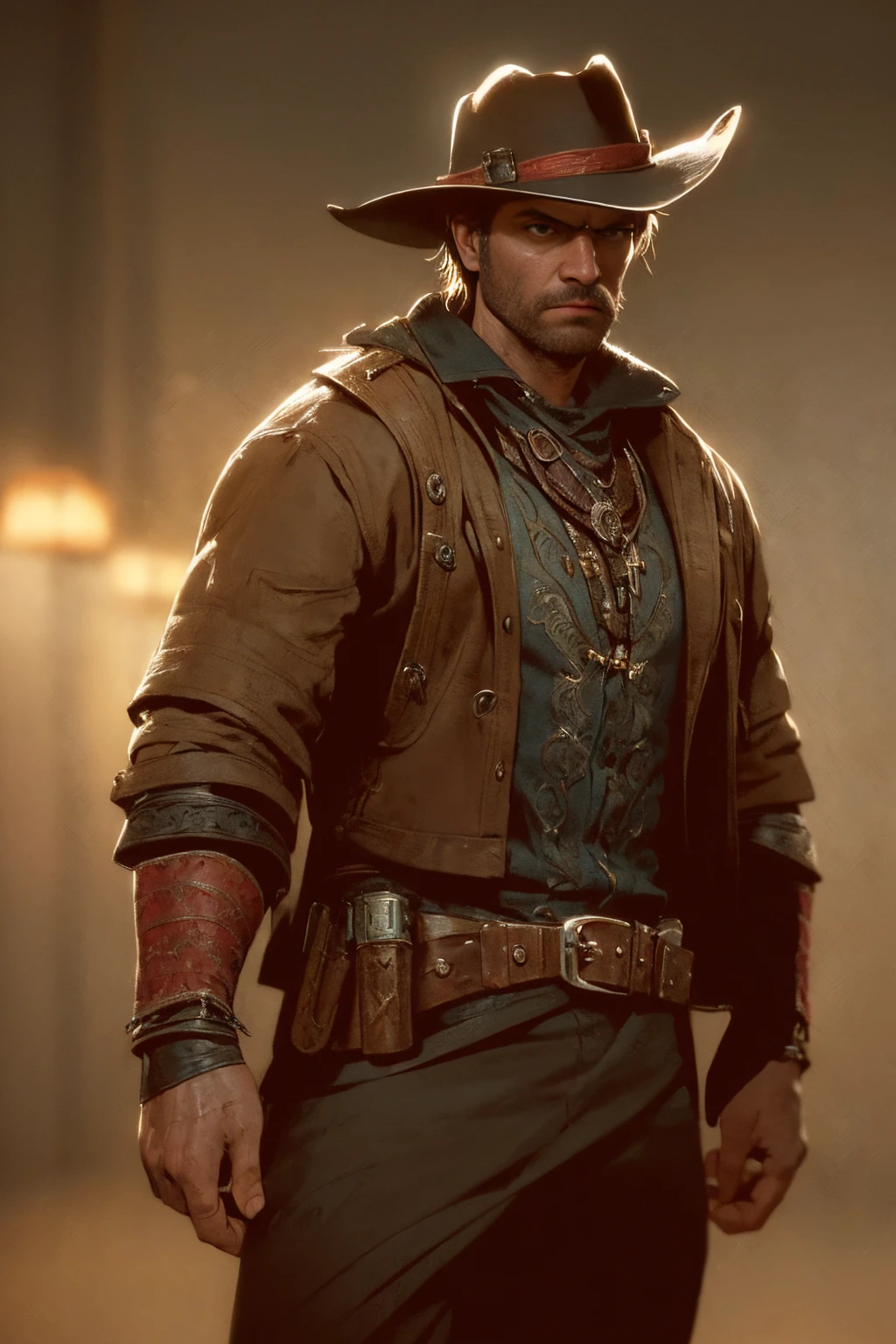 a highly detailed, cinematic illustration of the assassin Arthur Morgan from the Red Dead Redemption 2 universe, atmospheric lighting, dramatic pose, intense expression, intricate costume details, rugged features, chiaroscuro lighting, muted color palette, oil painting style, photorealistic, masterpiece