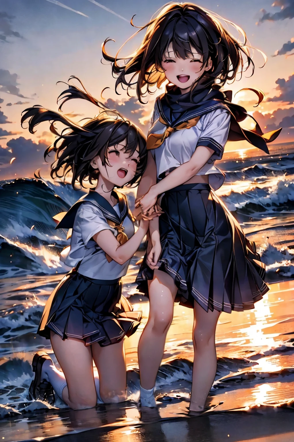 Browsing Caution,(Highest quality, 8k, masterpiece:1.3,beautiful girl), (Very detailed)Glowing Skin,(((Woman 1))),((Short sleeve, cute navy sailor suit, Navy Pleated Skirt, Navy sailor collar, Blue Sailor Scarf, socks, Brown Loafers)), (Perfect Anatomy, Anatomically correct, Very detailed肌),((Golden Eyes)),((Perfect Fingers,Five Fingers)),((Black Hair,Bobcut,)),Natural Makeup,Smile in full bloom、cheeks turn a little red,Seaside、sunset、Hair blowing in the wind、While stroking my hair,(((Laugh with your mouth wide open,turn around,wave hands,))),splashing sea water with hands