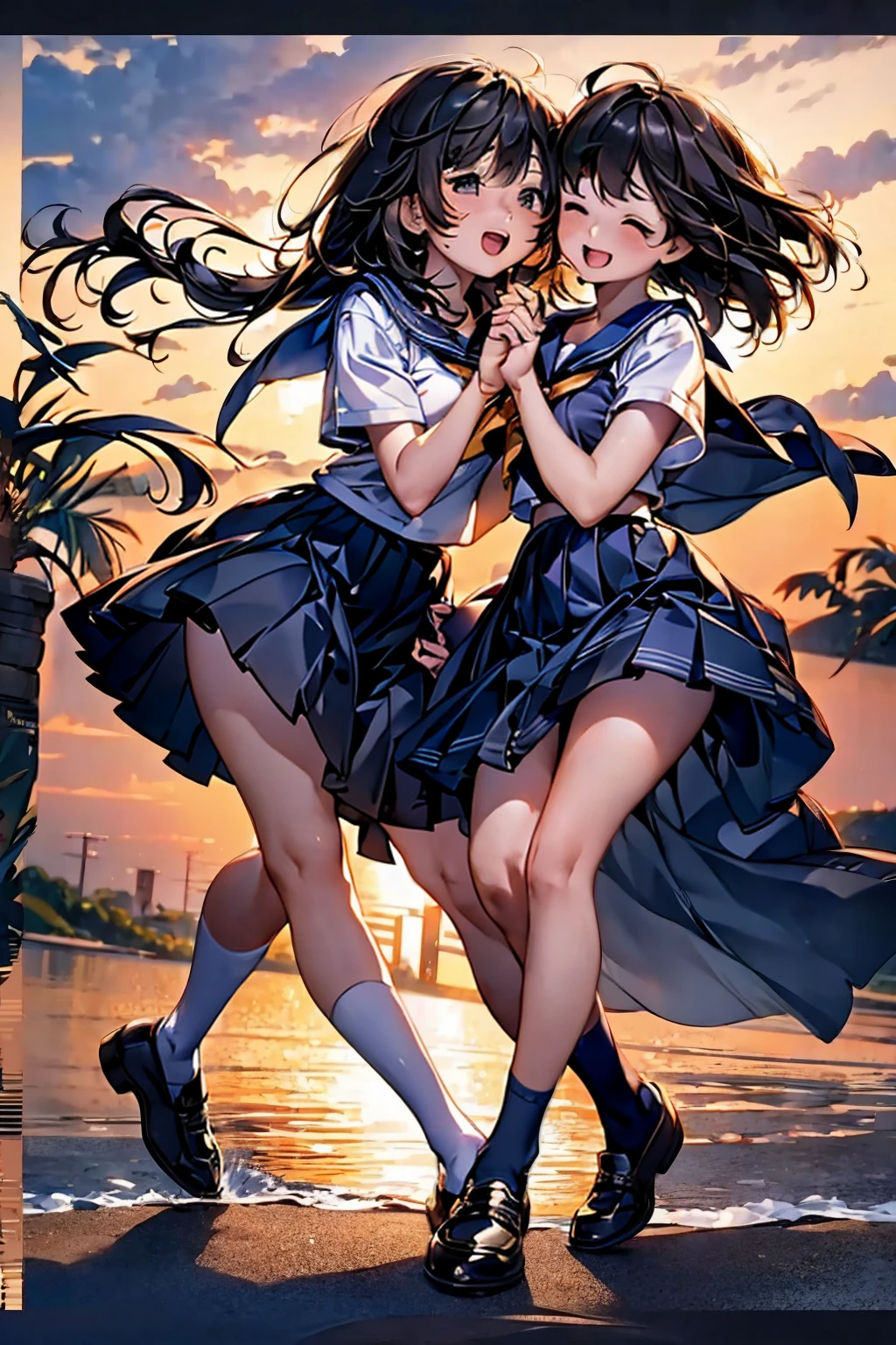 Browsing Caution,​(Highest quality, 8k, masterpiece:1.3,beautiful girl), (Very detailed)Glowing Skin,(((Woman 1))),((Short sleeve, cute navy sailor suit, Navy Pleated Skirt, Navy sailor collar, Blue Sailor Scarf, socks, Brown Loafers)), (Perfect Anatomy, Anatomically correct, Very detailed肌),((Golden Eyes)),((Perfect Fingers,Five Fingers)),((Black Hair,Bobcut,)),Natural Makeup,Smile in full bloom、cheeks turn a little red,Seaside、sunset、Hair blowing in the wind、While stroking my hair,(((Laugh with your mouth wide open,turn around,wave hands,))),splashing sea water with hands