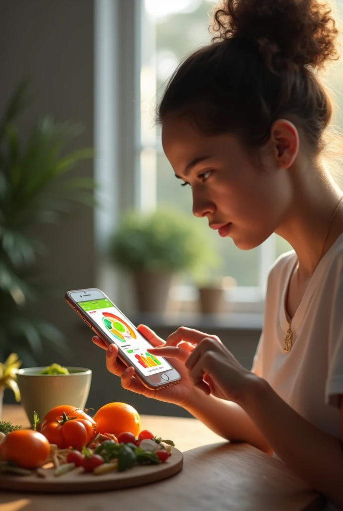 A person getting information through a cell phone on an application called HealthyWrld, learning about the foods they should eat