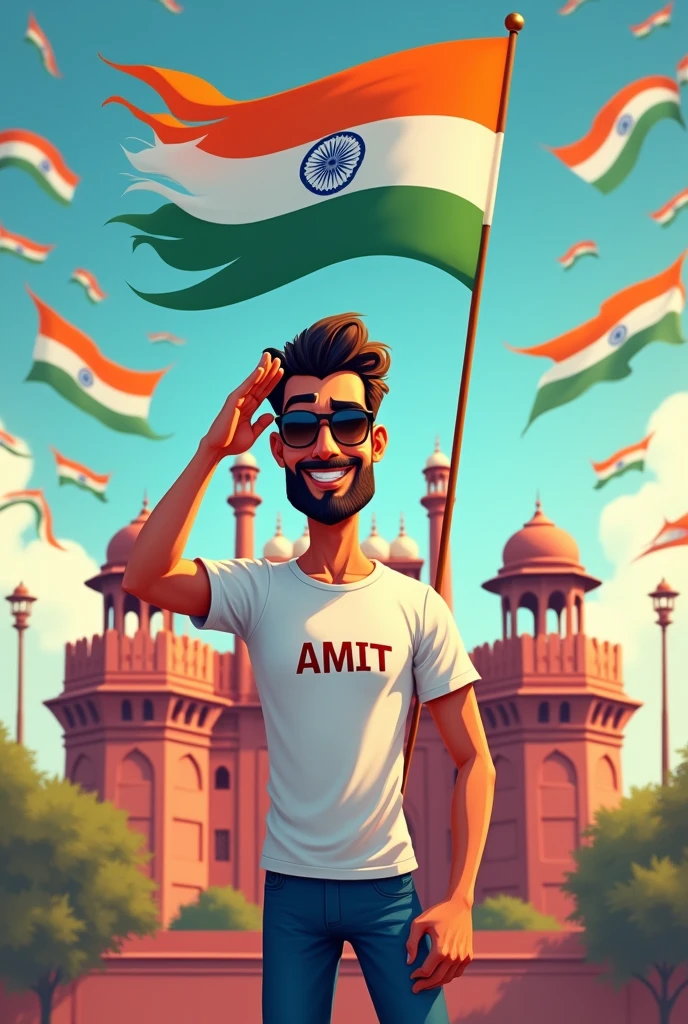 Make a 19 year's handsome  stylish  animated 
Men  with beard,,character who's name is Amit" and he celebrate independence day in red fort and  he salute to indian flag  write  the name Amit,, on his t shirt and he wear a a sun glass and salute to indian flag and many  indian flag fly around back