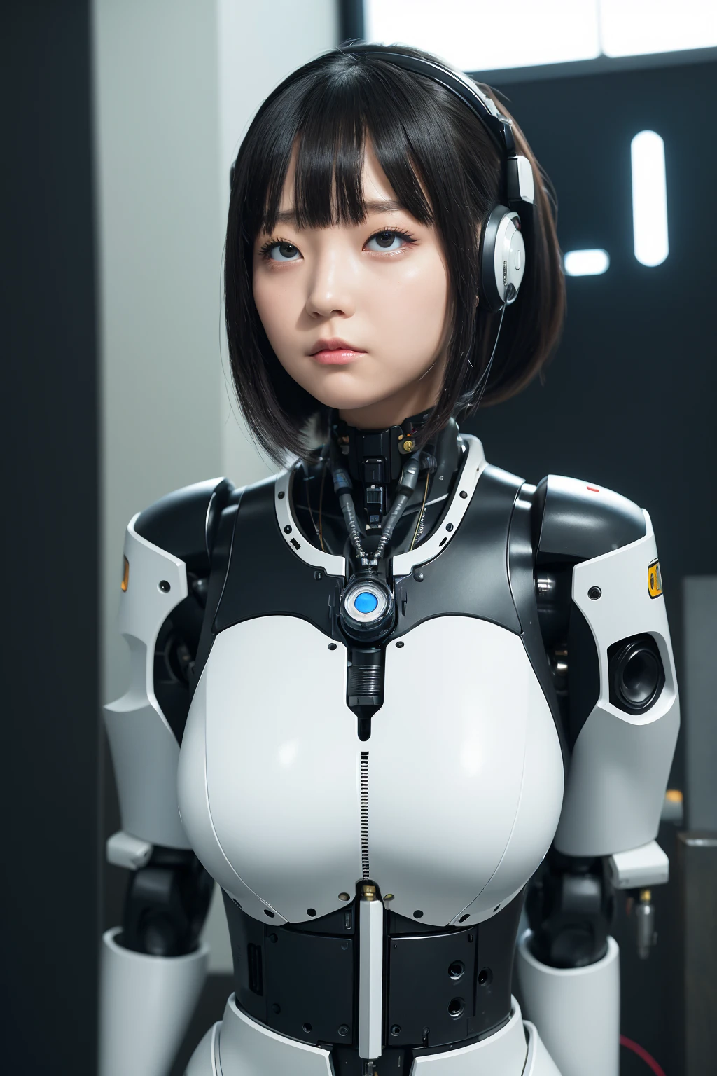 masterpiece, best quality, extremely detailed, Japaese android girl,portrait,Plump,a bit chubby,control panels,android,Droid,Mechanical Hand, Robot arms and legs, Black hair,Blunt bangs,perfect robot girl,long tube,thick cable connected her neck,android,robot,humanoid,cyborg,japanese cyborg girl ,robot-assembly plant,She is assembling now,assembly scene,rolling eyes,chest monitor,rolling eyes