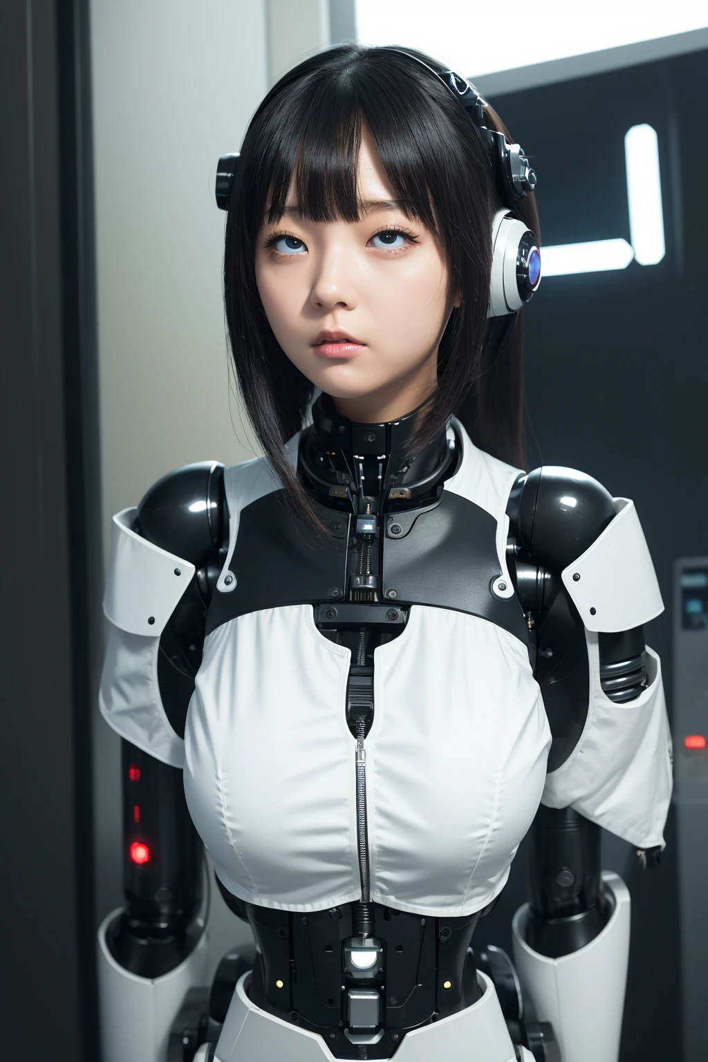 masterpiece, best quality, extremely detailed, Japaese android girl,portrait,Plump,a bit chubby,control panels,android,Droid,Mechanical Hand, Robot arms and legs, Black hair,Blunt bangs,perfect robot girl,long tube,thick cable connected her neck,android,robot,humanoid,cyborg,japanese cyborg girl ,robot-assembly plant,She is assembling now,assembly scene,rolling eyes,chest monitor,rolling eyes