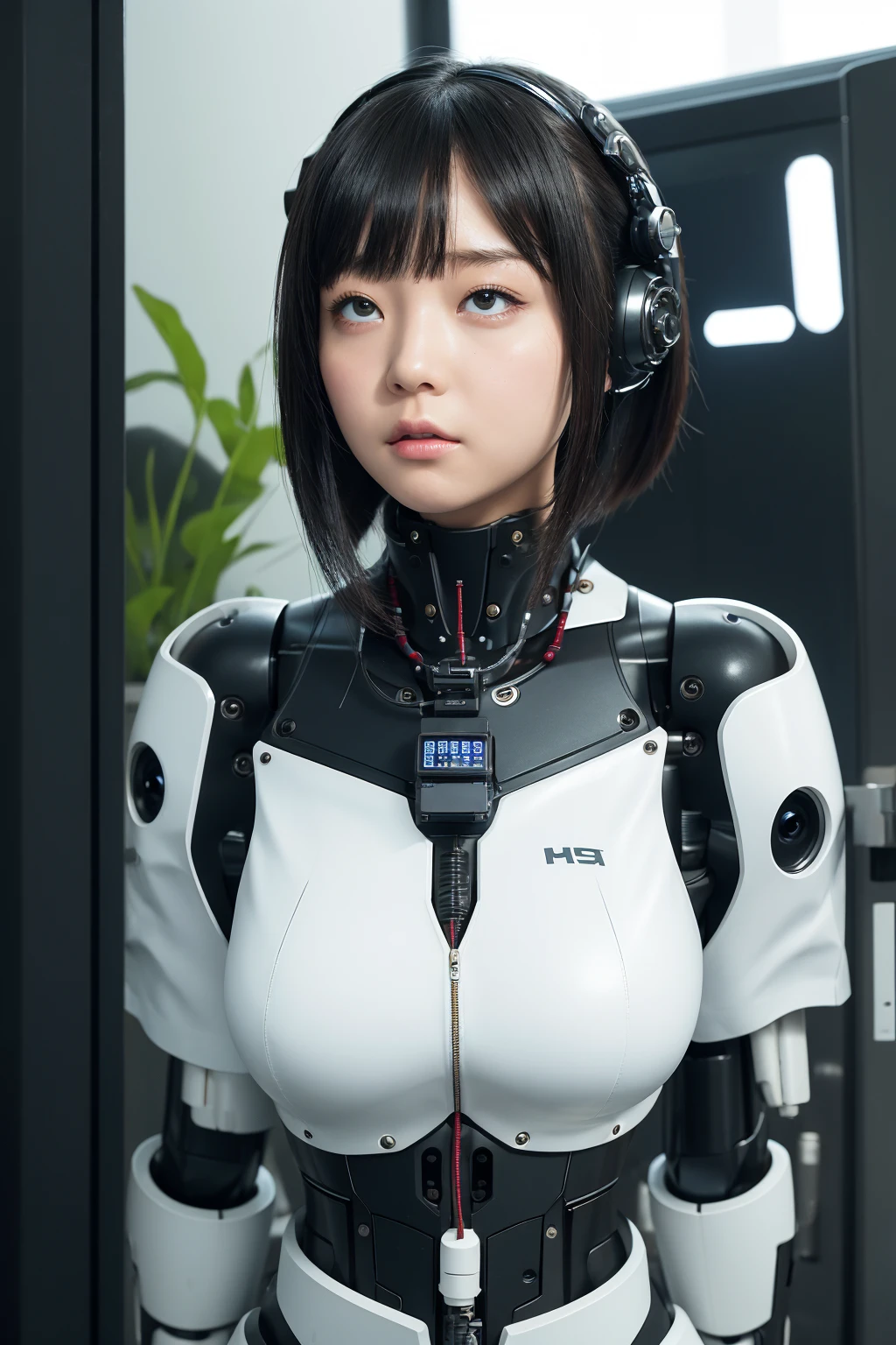 masterpiece, best quality, extremely detailed, Japaese android girl,portrait,Plump,a bit chubby,control panels,android,Droid,Mechanical Hand, Robot arms and legs, Black hair,Blunt bangs,perfect robot girl,long tube,thick cable connected her neck,android,robot,humanoid,cyborg,japanese cyborg girl ,robot-assembly plant,She is assembling now,assembly scene,rolling eyes,chest monitor,rolling eyes