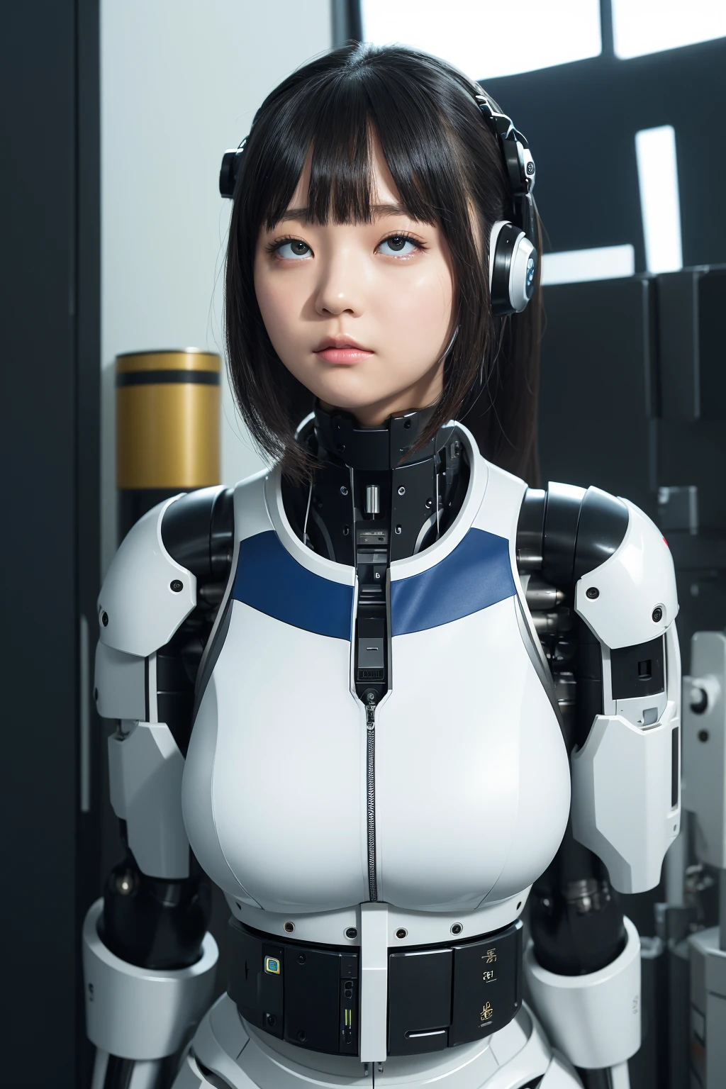 masterpiece, best quality, extremely detailed, Japaese android girl,portrait,Plump,a bit chubby,control panels,android,Droid,Mechanical Hand, Robot arms and legs, Black hair,Blunt bangs,perfect robot girl,long tube,thick cable connected her neck,android,robot,humanoid,cyborg,japanese cyborg girl ,robot-assembly plant,She is assembling now,assembly scene,rolling eyes,chest monitor,rolling eyes