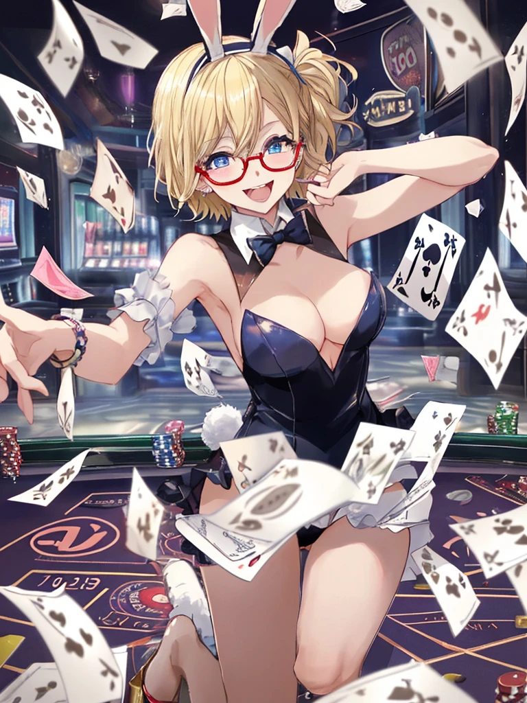Win big at the casino、Laughing in high spirits、Bunny girl scattering stacks of bills{playboy bunny, Blonde、Short hair、Blue Eyes、Glasses}、Banknotes are flying in the air