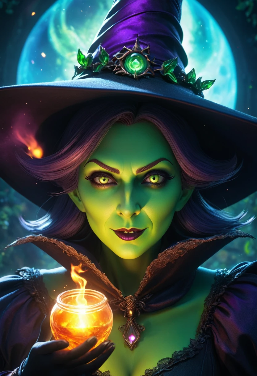 (anime, fantasy, wicked witch), (detailed CG unity 8k wallpaper, masterpiece, best quality, hyperdetailed, HDR:1.2), vibrant colors, highly detailed face and eyes, A devious wicked witch, fantasy witch outfit, wonky nose ,unique shape, (cartoon style). holding a glowing smoky potion, enchanted, beautiful, ethereal lighting, view from above, lens flare