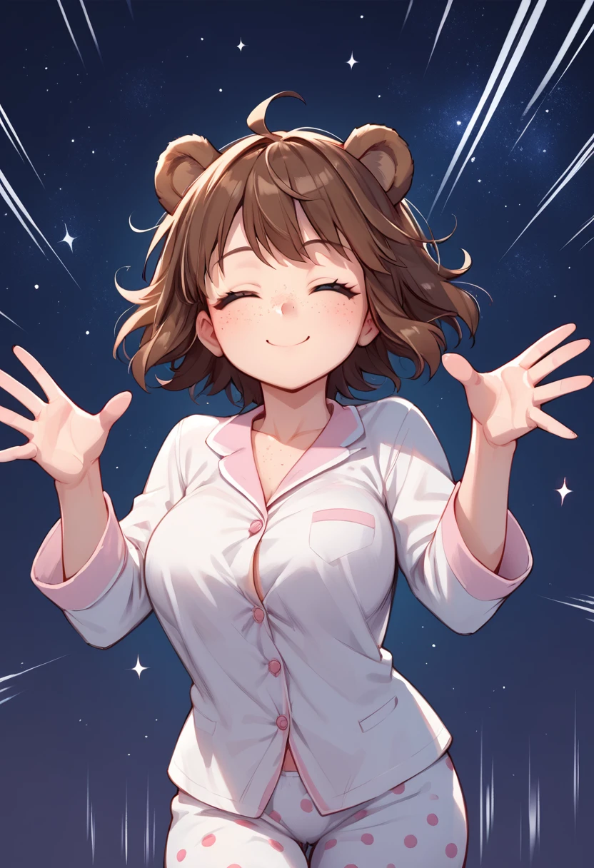 score_9_up, score_8_up, score_7_up, 1girl, solo, source_anime, hourglass figure, Big breasts, kemonomimi, bear ears, brown hair, short hair, messy_hair, closed eyes BREAK freckles, (dreaming she can fly), white pajamas, polka dot pijamas, barefeet, smile, closed mouth, happy, (flying), spread arms, night sky, starry sky, speed lines