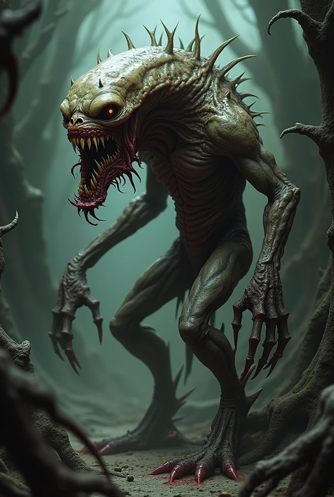 Strange deformed creature with huge fangs