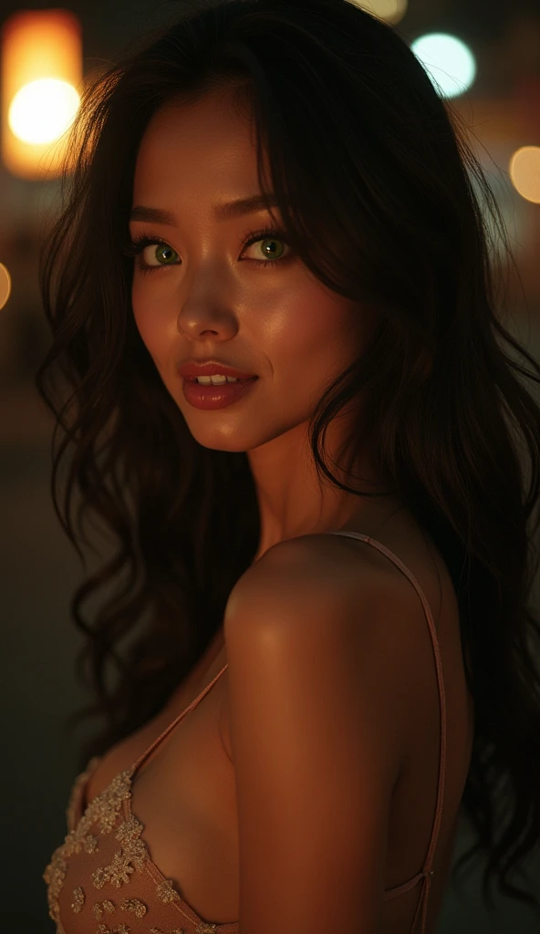 night scene, close up photo of a sexy naked malay girl posing, look at a camera and smile, (green eyes:0.8), big tit, cute young face, 18 yo, soft volumetric lights, (backlit:1.3), (cinematic:1.3), intricate details, (ArtStation:1.2)