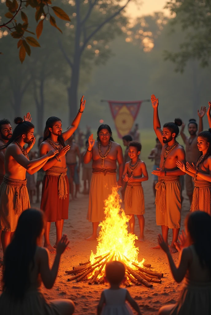 Group of indigenous and white men and women in clothing around the bonfire with their hands raised and thanking God for life with the glass bottom and the symbol of a mandala in the background with tobacco medicine, image ultra realistic, with children running in the background 