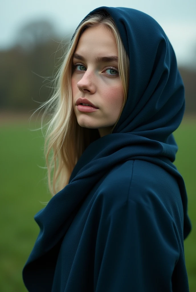 8K, best quality, masterpiece, realistic, ultra detail, photo realistic, Increase quality, 
a photo of a girl standing in a field with a scarf, in the style of dark and brooding designer, voluminous mass, photobash, serene faces, jagged edges, navy, natural beauty, close-up shot,Blonde
