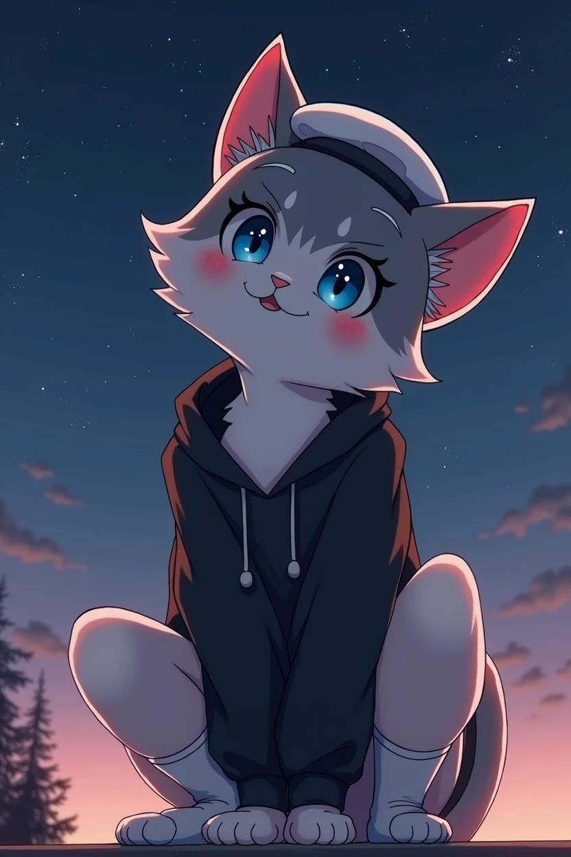 Siverian cat, (Alone), , Beautiful, ((with grey and white fur)), big blue eyes, Black Hoodie, broken white beret, shorts blancos, (((white soccer socks))), surprised expression, (opening your mouth), bend, ((two hands on knees)), looking at you, (a story), Looking down from above, with a blush on her face, evening, ceiling, beautiful starry sky, Octane rendering, Masterpiece of the Master, good body representation, Accurate representation of the hand, accurate detailed representation, 4K Ultra Clear
