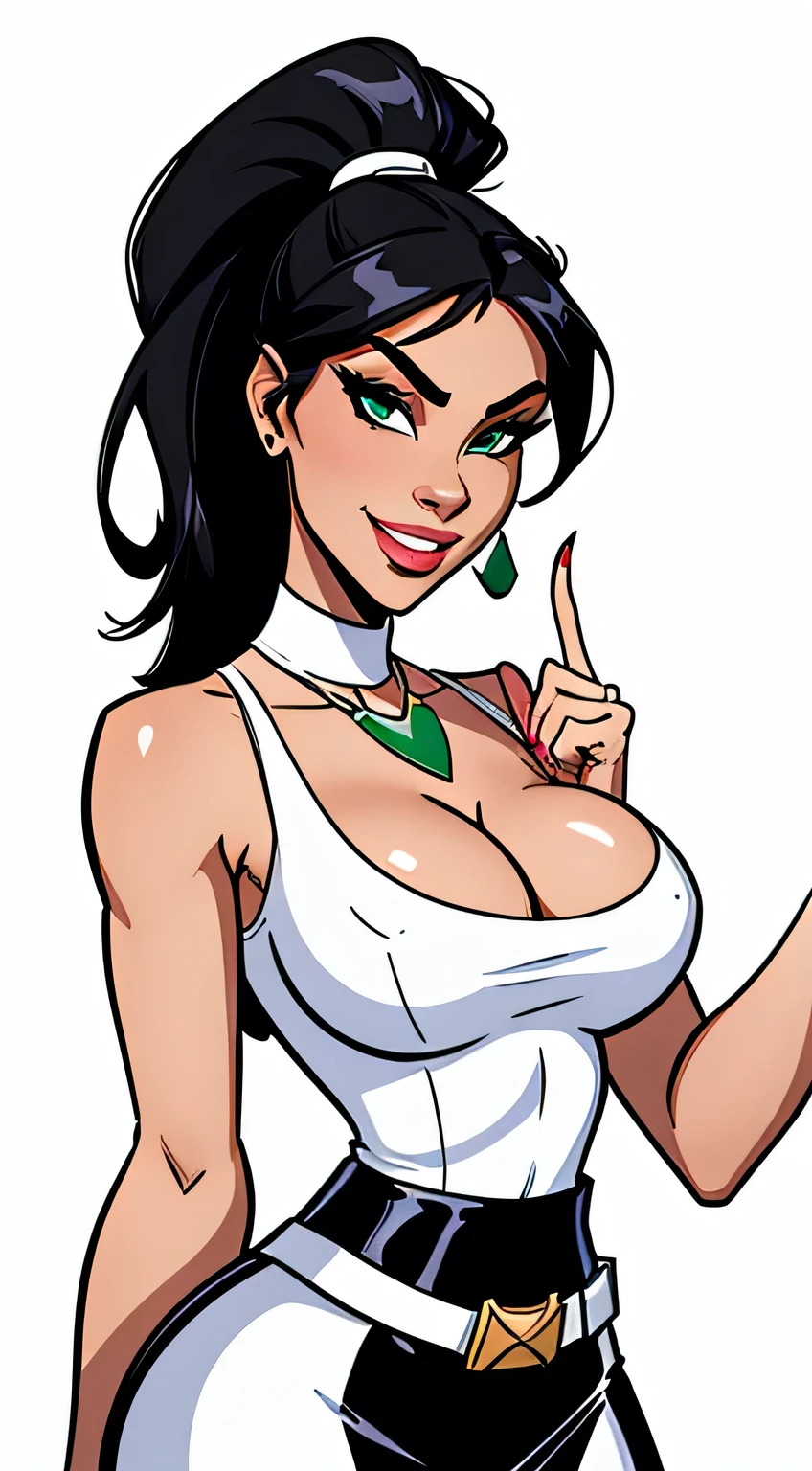 Thin woman (Elexis Sinclaire), 4K, beautiful smiling, seducing gaze, white v-neck top, White belt on black latex midi skirt, white peel split no color, black band around the neck with green jewel, black hair with ponytail, eyes browns, busty, index finger passing between the breasts. comic style, white background.
