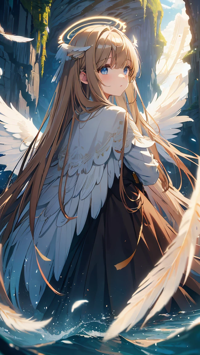 brown long hair, straight hair, bangs, halo, perfect eyes, soft light, high quality, 4k resolution, ((angel)), ((An angel with wings on her back)), an angel descending from the sky, feathers scattered in the background, light shining, swan wings, swan feathers, blue cave in Italy, Blue Grotto (Capri), from belw