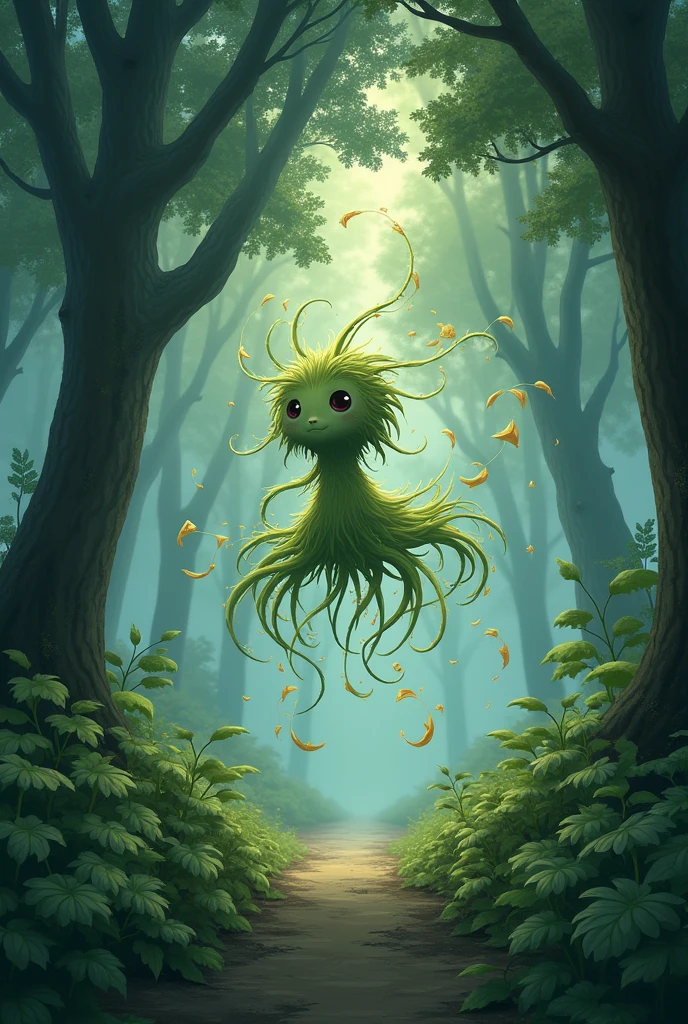 A ragweed flying through the forest、Pieces of cloth are flying in the air、Rural Japan、Dim lighting at dusk、