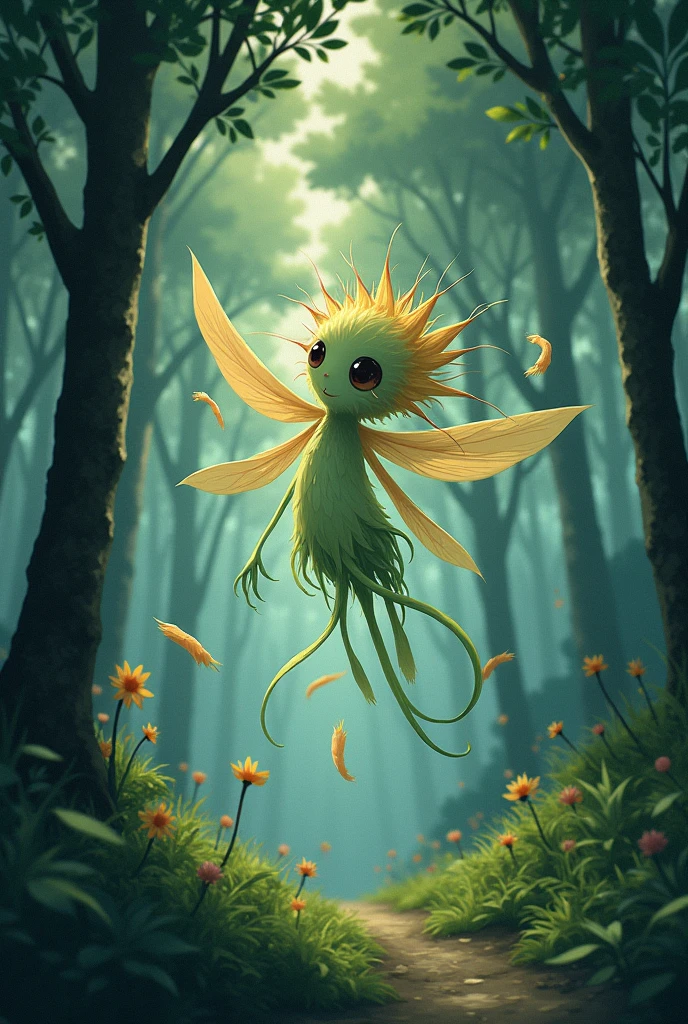 A ragweed flying through the forest、Pieces of cloth are flying in the air、Rural Japan、Dim lighting at dusk、
