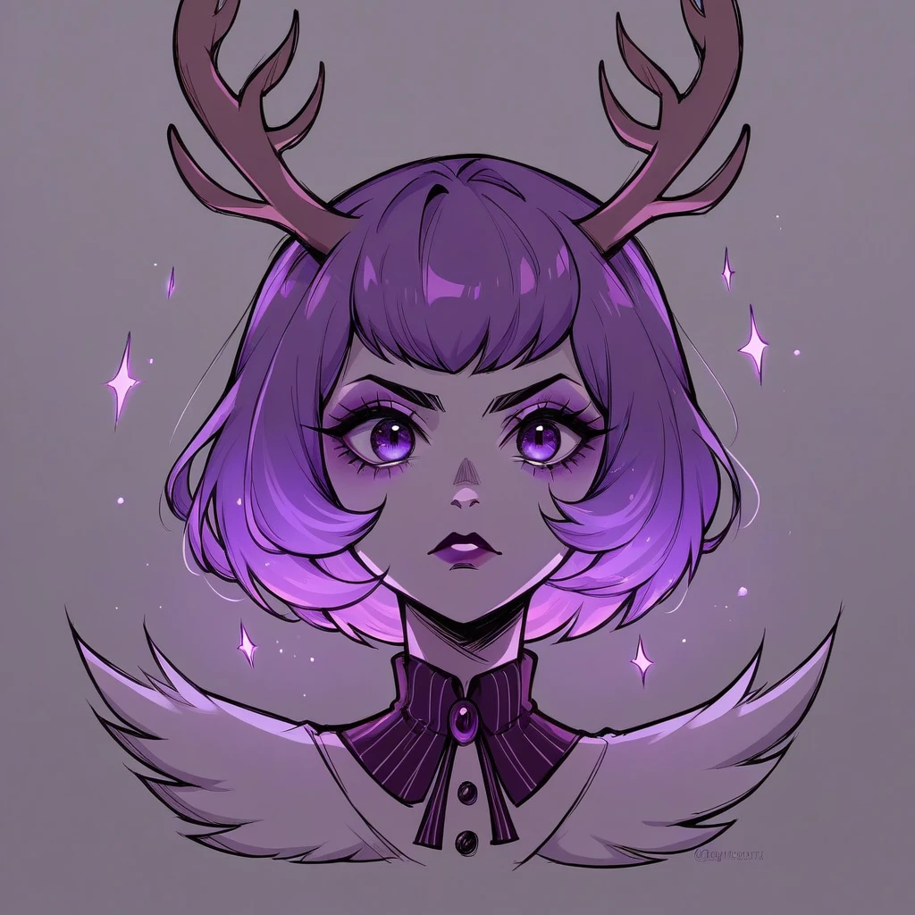 score_9, score_8_up, score_7_up, score_6_up, bg4, fierce Jackalope, antlers, short hair. purple black and fuchsia
