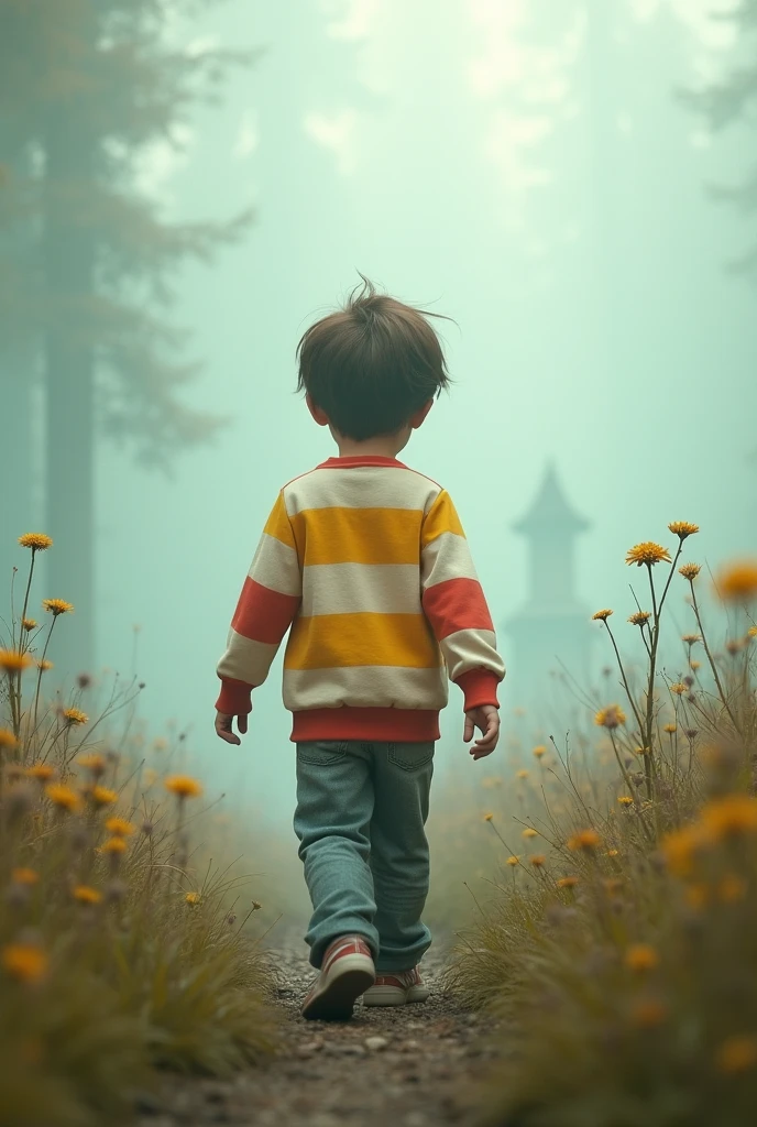 4 year old boy in fog with yellow, white and red horizontal striped shirt