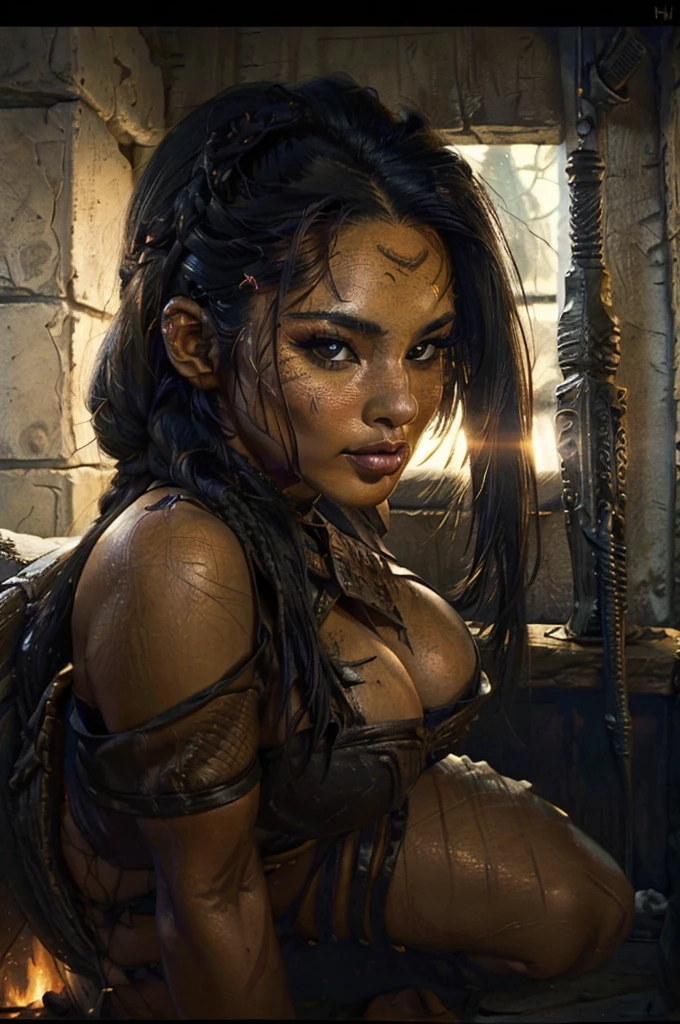 (8K, Best quality, Masterpiece:1.2) a close up of a poster of a Christina Chong beautiful face, narrowed eyes. smirk. black braided predator with very big breasts and big tail bewitching thighs full body and big tail with a sword, the predator, predator film, predator movie, predator, alien predator, hunter, still from the movie predator, hot reptilian humanoid woman,