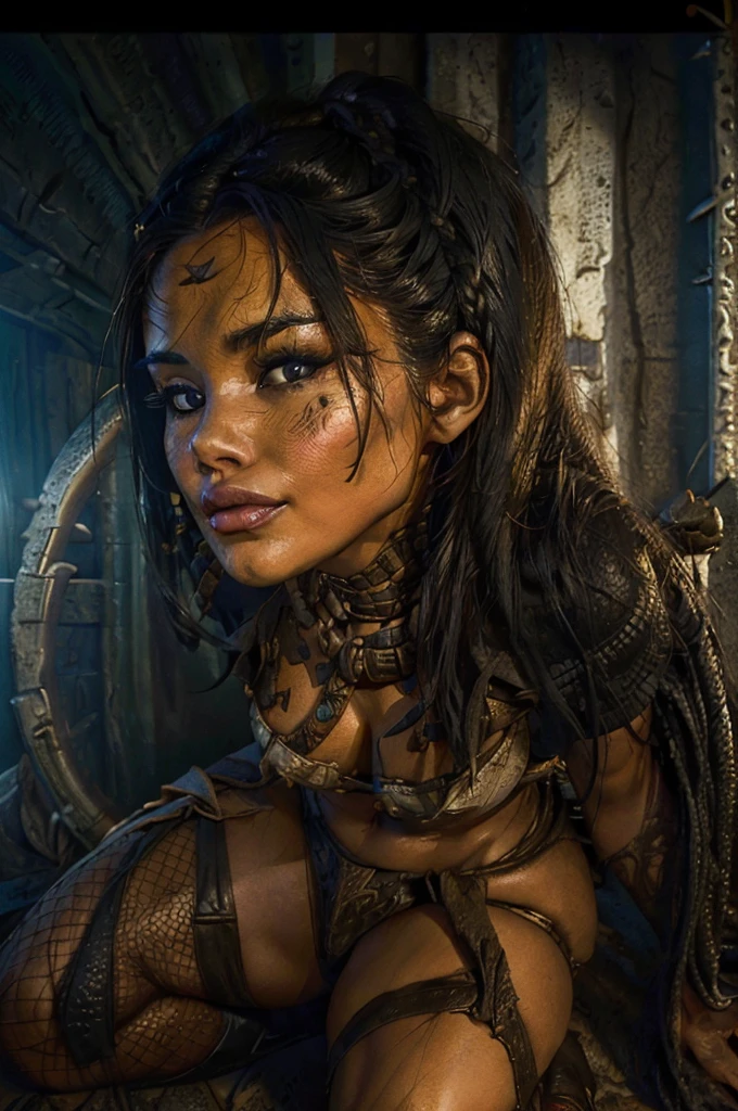 (8K, Best quality, Masterpiece:1.2) a close up of a poster of a Christina Chong beautiful face, narrowed eyes. smirk. black braided predator with very big breasts and big tail bewitching thighs full body and big tail with a sword, the predator, predator film, predator movie, predator, alien predator, hunter, still from the movie predator, hot reptilian humanoid woman,