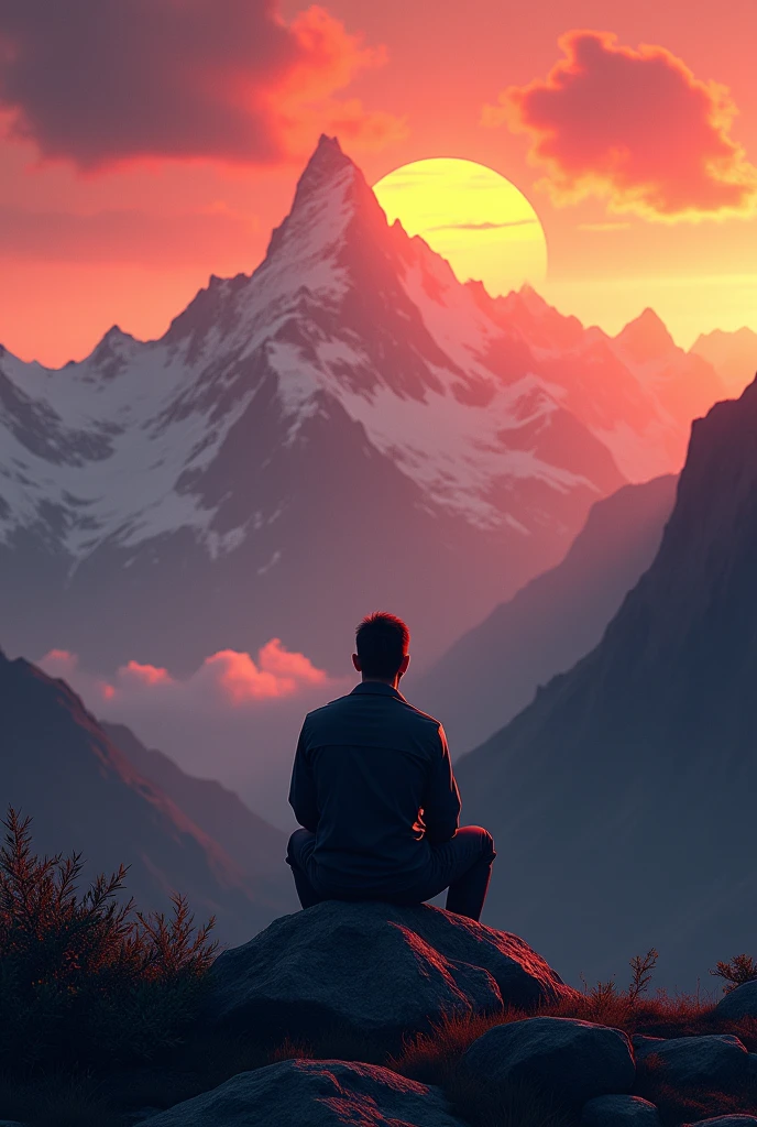Man from behind watching the sunset on a mountain sitting on top of a rock, PICTURE REALISTIC