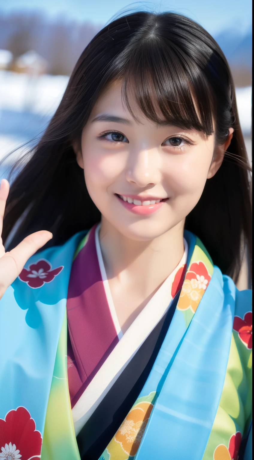 smile, wave hands, bye bye, Shortcuts, Hokkaido, front, winter, snow, 最high quality、high quality、Best image quality、8k、最High resolution、High resolution、Realistic photos, Healthy body, Beautiful Eyes, Flowing black hair, Colorful kimono, Calm expression, Soft lighting, Traditional Japanese art style, Vibrant colors, Peaceful atmosphere, Delicate features, Graceful posture, Beautiful Landscape
