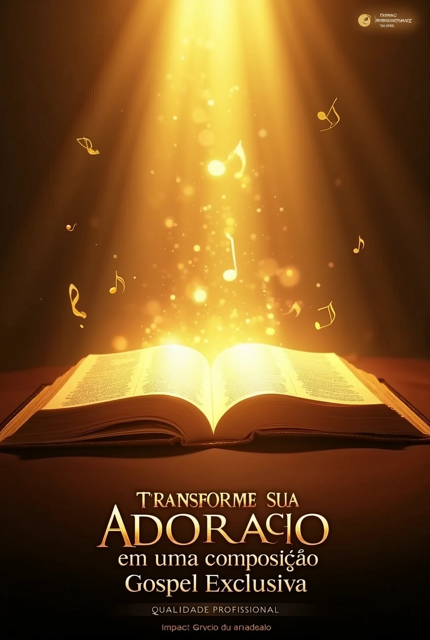 A gospel music advertisement image with a heavenly background. The scene features golden light rays shining from above, creating a warm and divine atmosphere. In the center, there's an open Bible glowing with light, symbolizing divine inspiration. Musical notes swirl gracefully around the Bible, adding a sense of melody and worship. The text reads 'Transforme sua Adoração em uma Composição Gospel Exclusiva' in elegant, eye-catching fonts that stand out against the background. Below the main text, the names 'Bruno & Grace' are written in a stylish, harmonious font. At the bottom, the phrases 'Qualidade Profissional' and 'Impacto Duradouro' are displayed in sophisticated typography. The overall design conveys a sense of spiritual elevation and professional quality, perfect for attracting an audience interested in exclusive gospel compositions."
