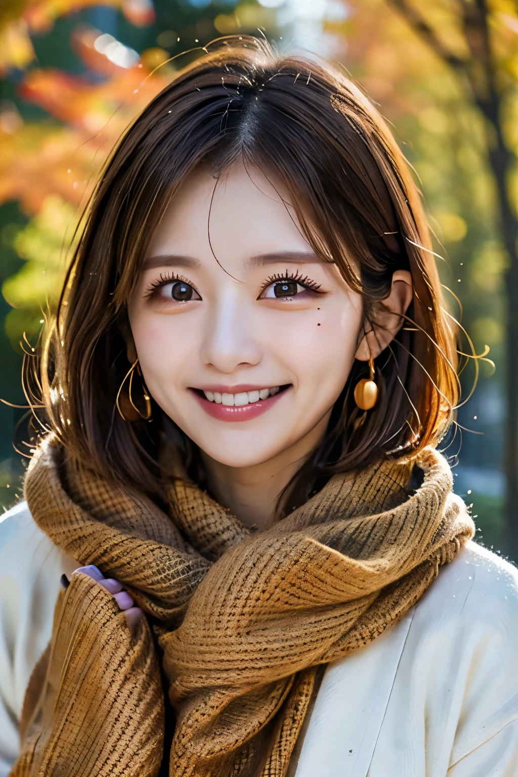 ((Highest quality)), ((masterpiece)), (detailed), ((Highest quality))、RAW、8k、High resolution、Perfect Face, Japanese、28 years old、female、smile、short hair、light light brown hair、Earrings、necklace、Large Breasts、Perfect Anatomy、Anatomically correct body、The season is autumn、A scarf is wrapped around the neck、In the background, you can see red maple leaves.、Wearing a warm outer layer、Hair swaying in the wind、Holding a scarf with both hands、